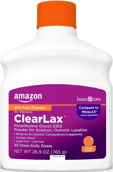 Amazon Basic Care ClearLax, Laxative Powder for Gentle Constipation Relief, Softens Stool, Polyethylene Glycol 3350, Orange Flavor, 1.68 pound (Pack of 1)