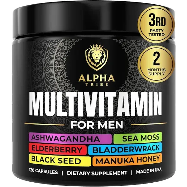 Alpha Tribe Multivitamin for Men with Sea Moss, Black Seed Oil, Ashwagandha, Turmeric Bladderwrack, Burdock,Vitamin C, Elderberry, Manuka, Yellow Dock | Daily Men's Vitamins and Minerals Supplement