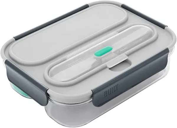 BUILT 40oz Gourmet Tritan and Plastic 2 Compartment Bento, Airtight Leak-resistant and Reusable, with Stainless Steel Cutlery and Ice Pack for Home Travel, Concrete Gray