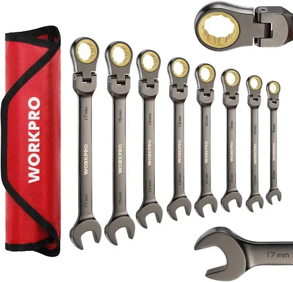 WORKPRO 8-piece Flex-Head Ratcheting Combination Wrench Set, Metric 9-17mm w/Bag