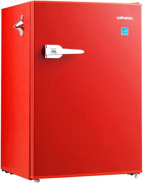 Upstreman 2.5 Cu ft Retro Compact Refrigerator, Mini Fridge with Freezer for Bedroom, Adjustable Thermostat, Side Bottle Opener-Red