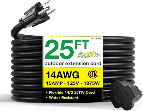 Go Green Power Inc. GG-13825BK 14/3 25' SJTW Outdoor Extension Cord