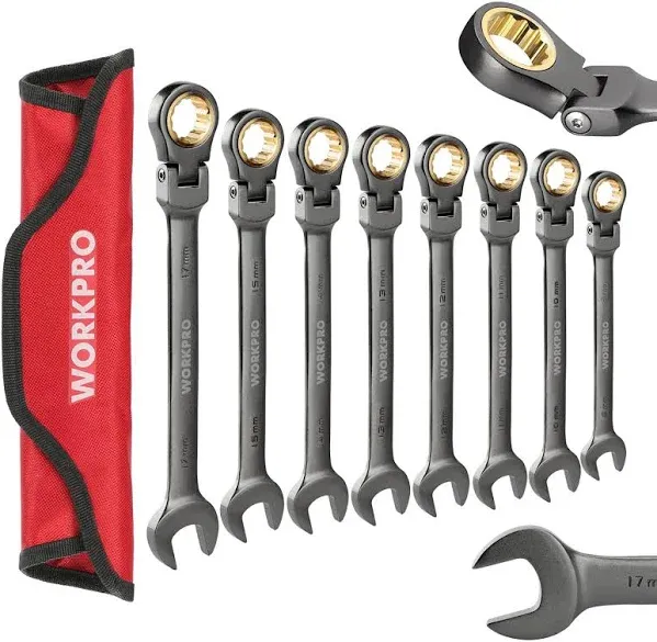 WORKPRO 8-pieces/16-pi<wbr/>ece Metric/SAE Flex-Head Ratcheting Combination Wrench Set