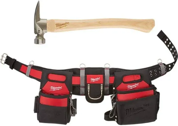 Milwaukee Work Waist Tool Belt with 19 oz. Hickory Framing Hammer Adjustable