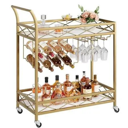 Gold 2 Tier Bar Cart with Wheels, Serving Cart, Wine Rack, Glass Holder, and Glass Holder