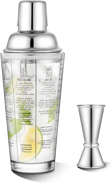 Glass Cocktail Shaker Printed with Recipes,14 oz Martini Shaker with Double Measuring Jigger,18/8 Grade Stainless Steel Mixing Shaker,Leak-Proof Lid,Drink Shaker,Bartender Kit Gifts.