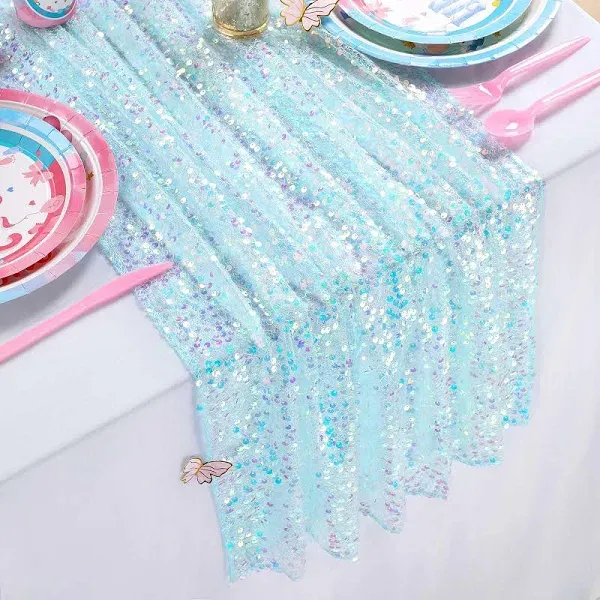 QueenDream White Table Runner: 25x120 Inches Long 10ft - Iridescent Sequin Table Runner Glitter Fabric for Party Boho Wedding Summer Mermaid Birthday