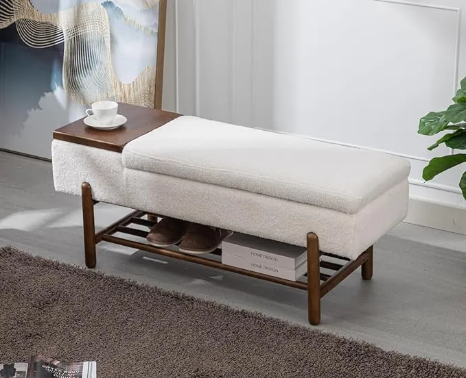 EALSON Modern Storage Bench for Bedroom End of Bed Sherpa Upholstered Ottoman Bench with Storage and Wood Shoe Rack Farmhouse Long Seating Bench for Entryway/Hallway/Closet, Beige