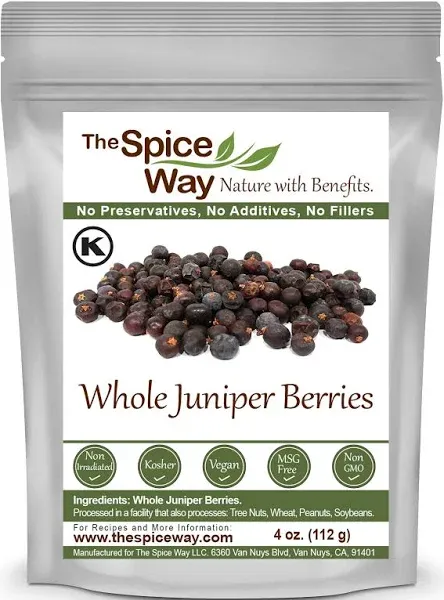 The Spice Way Juniper Berries - Whole berries, pure, no additives, Non-GMO, no preservatives, (4 oz) great for cooking and for spicing tea, syrup, meat, beef, turkey, soups and more. resealable bag