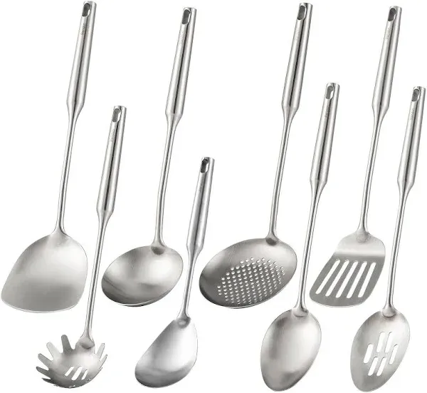 Standcn 304 Stainless Steel Kitchen Utensils Set - 8 Pcs All Metal Cooking Tools with Spatula, Solid Spoon, Slotted Spoon, Ladle, Skimmer Slotted