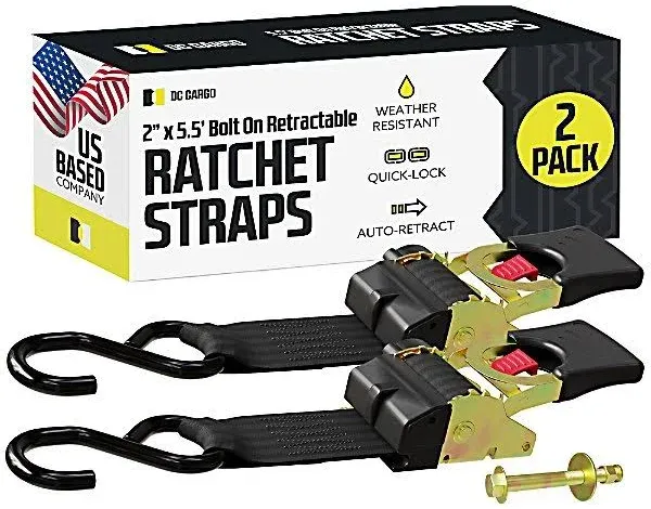 DC Cargo Bolt-on Auto Retractable Ratchet Straps - (2 Pack) 2 Inch x 5.5 Ft - 1,333 lbs Break Strength - Retractable Ratchet Tie Down Straps for Boats, Jet Skis, Motorcycles, ATVs