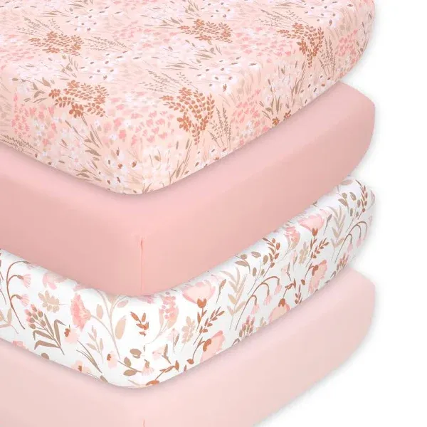 The Peanutshell Baby Girl Crib Sheets, Fitted Baby Sheets for Girls, Fits Standard Size Crib Mattress, 52x28, Vintage Floral Nursery Decor, 4 Pack in Pink, White, Beige