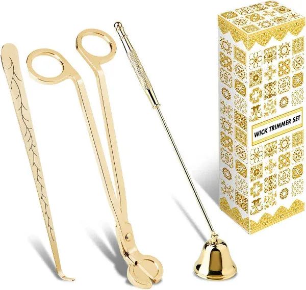 calary Candle Wick Trimmer, Candle Snuffer and Wick Dipper & Candle Accessory Set, 3 in 1 Candle Care Kit for Candle Lover (Gold)