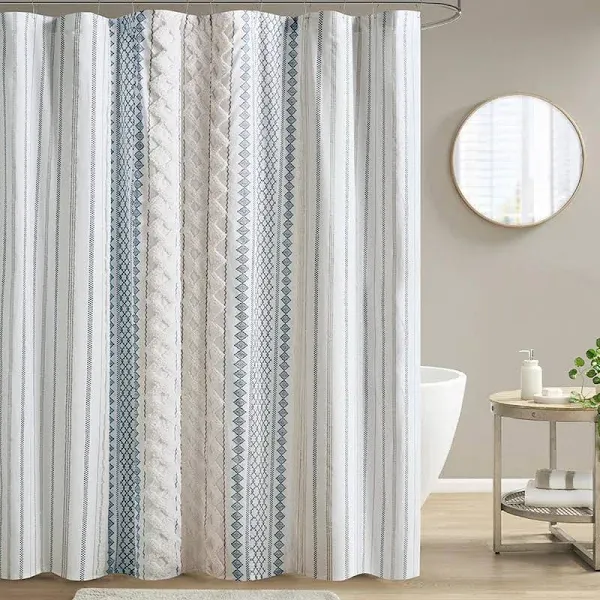 INK+IVY Imani Cotton Printed Shower Curtain with Chenille - White/Navy