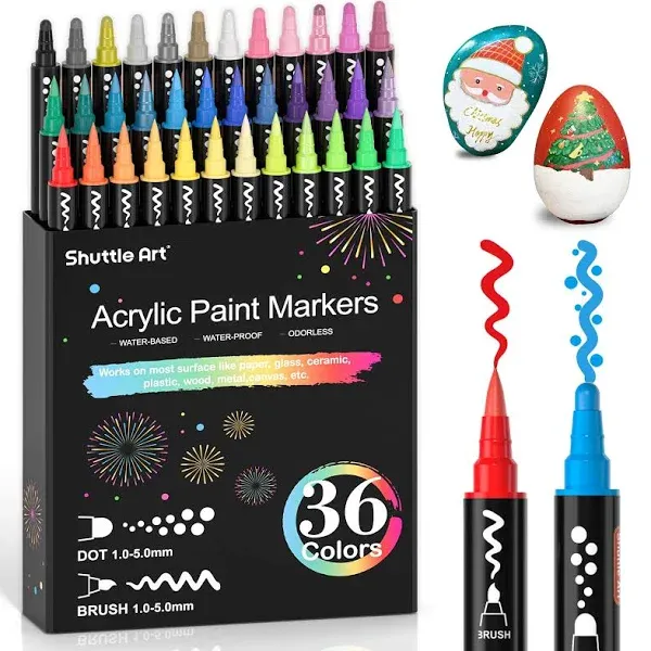 36 Colors Dual Tip Acrylic Paint Markers, Dot Tip Fine Tip Acrylic Paint Pens