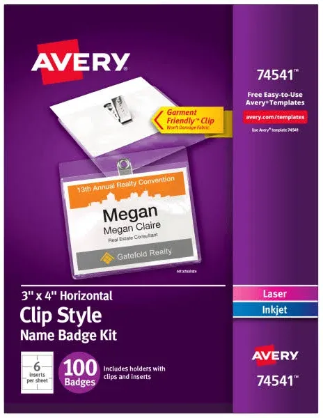 Avery - Clip-Style Name Badge Holder with Laser/Inkjet Insert, Top Load, 4 x 3, White, 100/Box