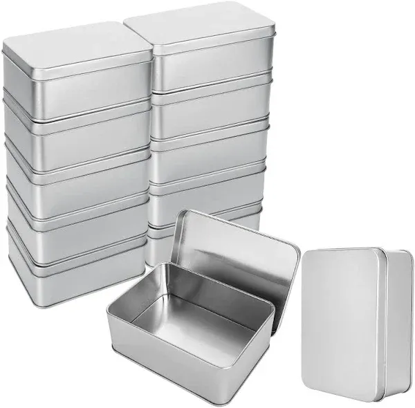 RHBLME 12 Pack Silver Metal Rectangular Tin Box Lids, 4.9" x 3.6" x 1.8" Large Containers Cookie Tins with Lids, Holder for Keeping Car Keys, Cookie