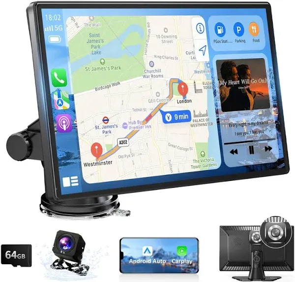 9" Portable Car Stereo with 4K Dash Cam, 1080p Backup Camera, GPS Navigation, Mirror Link,