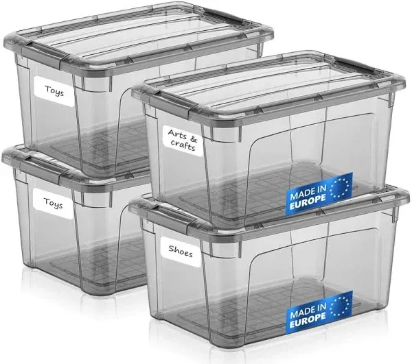 Tribello 6 Quart Storage Containers with Lids, Plastic Storage Bins with Latching Lids For Organizing - Tinted - (11.5’ x 8” x 6”) - Set of 4 - Made in EU