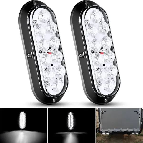 Nilight - TL-09 6 inch Oval White LED Trailer Tail Lights 2pcs 10 LED w/Flush Mount Grommets Plugs IP67 Waterproof Reverse/Back Up Trailer Lights