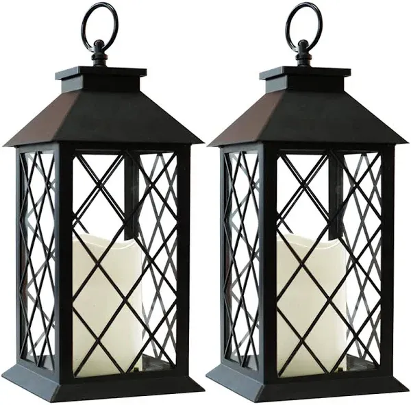 14" Lanterns Decorative Indoor, 2 Pack Black Lantern Decor with Timer Flameless Candle, Vintage Farmhouse Outdoor Lanterns, Waterproof Hanging Lantern for Patio, Porch, Entryway, Centerpieces