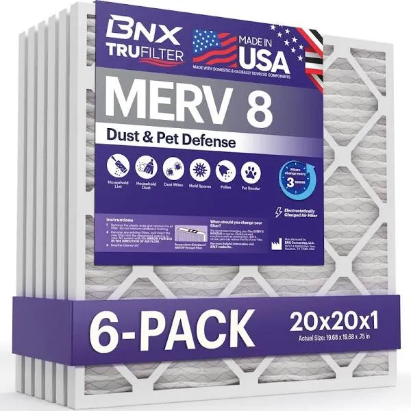 BNX TruFilter 16x20x4 (15.5’’ x 19.5’’ x 3.63‘’ Slim Fit) MERV 13 Air Filter (2-Pack) - MADE IN USA - Air Conditioner HVAC AC Furnace Filters Health, Allergies, Mold, Bacteria, Smoke, MPR 1900 FPR 10