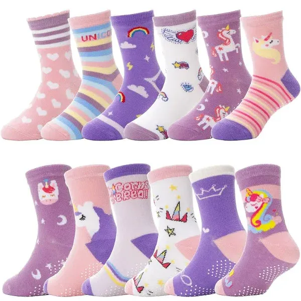 ANTSANG Baby Girls Toddlers Grips Socks Kids Non Slip/Anti Skid Unicorn Striped Crew Cotton Socks 12 Pairs Gift Stocking Stuffers (Girl's-Unicorn Pink(12 Pairs),3-5 Y)