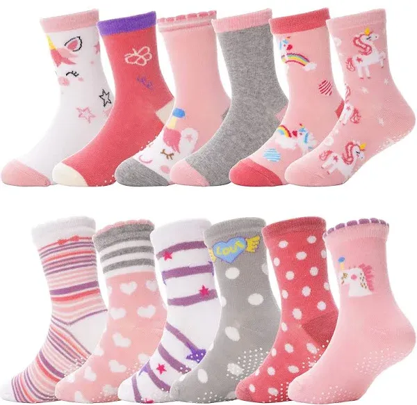 ANTSANG Baby Girls Toddlers Grips Socks Kids Non Slip/Anti Skid Unicorn Striped Crew Cotton Socks 12 Pairs Gift Stocking Stuffers (Girl's-Unicorn Pink(12 Pairs),3-5 Y)