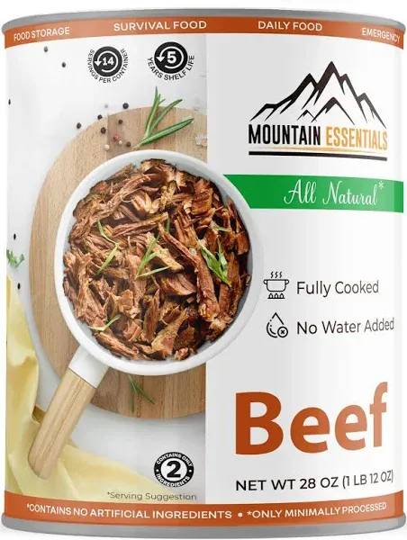 MOUNTAIN ESSENTIALS All Natural Fully Cooked Ready to Eat Canned Beef 28 Oz Gluten Free | No Carbs | No Water Added | No Artificial Ingredients Daily Survival & Emergency Food For Camping Pack of 1