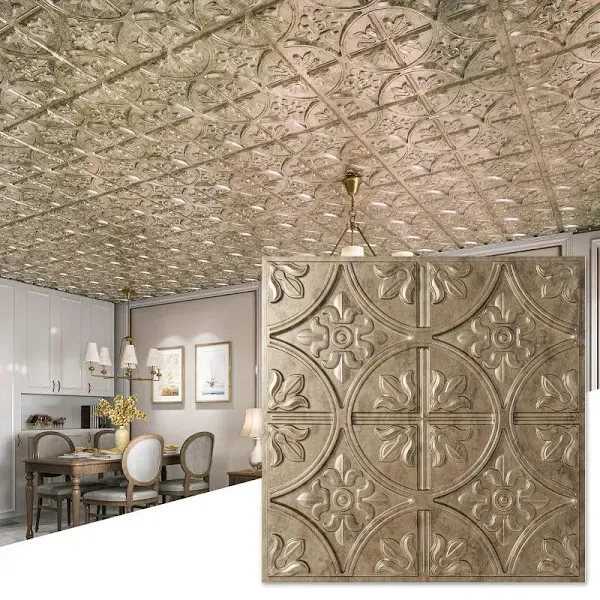 Art3d Drop Ceiling Tiles 2x2, Glue-up Ceiling Panel, Fancy Classic Style, Antique Gold