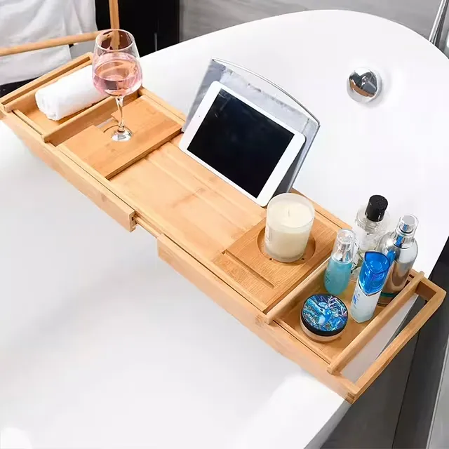 Expandable Bamboo Bathtub Tray Caddy, Adjustable Bath Caddy Tub Table