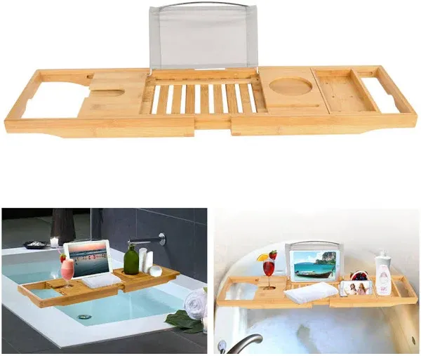 Bamboo Bathtub Caddy Shower Rack Bath Tub Tray Organizer Pad/Phone Cup Holder US