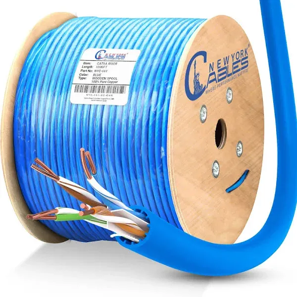 NewYork Cables Cat6a Riser Cable 1000ft - Certified 100% Solid Bare Copper Cat 6a Ethernet Cable – CMR, 23 AWG, 750 MHz, PoE++ - Unshielded Twisted Pair (UTP) -10 GB High Speed for Networking & Gaming