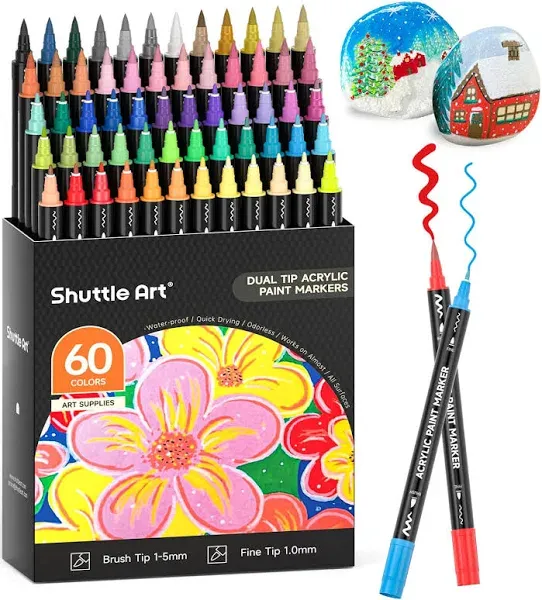 Shuttle Art 60 Colors Dual Tip Acrylic Paint Markers, Brush Tip and Fine Tip