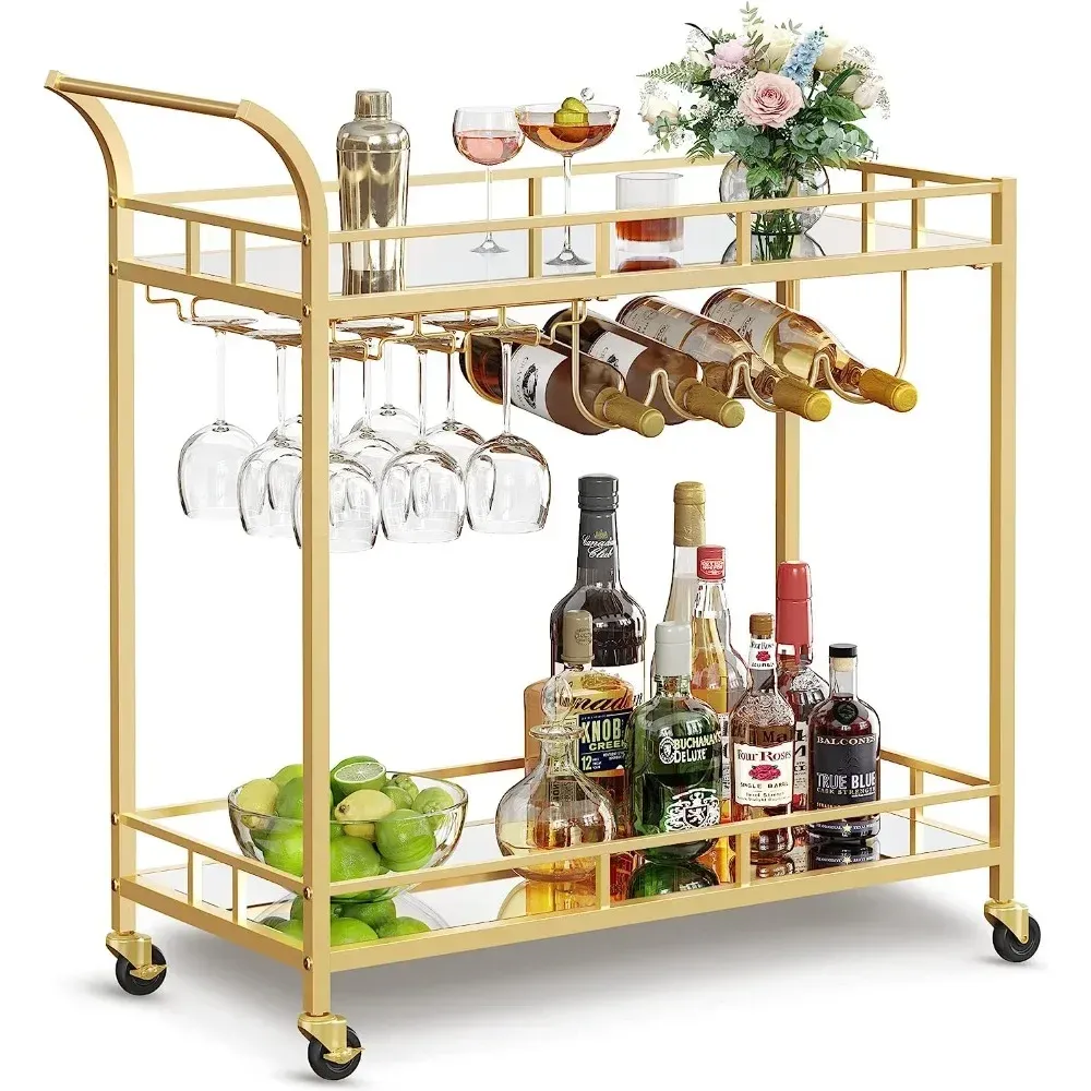 Bar Cart Gold, Home Bar Serving Cart, Wine Cart with 2 Mirrored Shelves