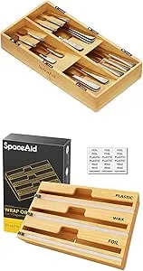 SpaceAid Bamboo Silverware Drawer Organizer (Natural, 6 Slots) 3 in 1 Wrap Organizer with Cutter and Labels