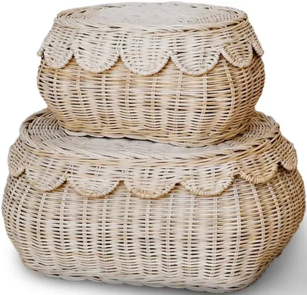 Hand Woven Rattan Basket Set - 15x10x6 Inch - Small Scalloped Baskets - Round Wicker Basket - Wicker Storage Basket - Rattan Basket With Lid (Natural)