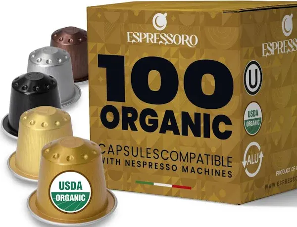 ESPRESSORO 100 USDA Organic Espresso Pods - VARIETY PACK Aluminum Capsule Compatible with Nespresso Original Lines Machines. Assorted Premium Italian Expresso Coffee Capsules