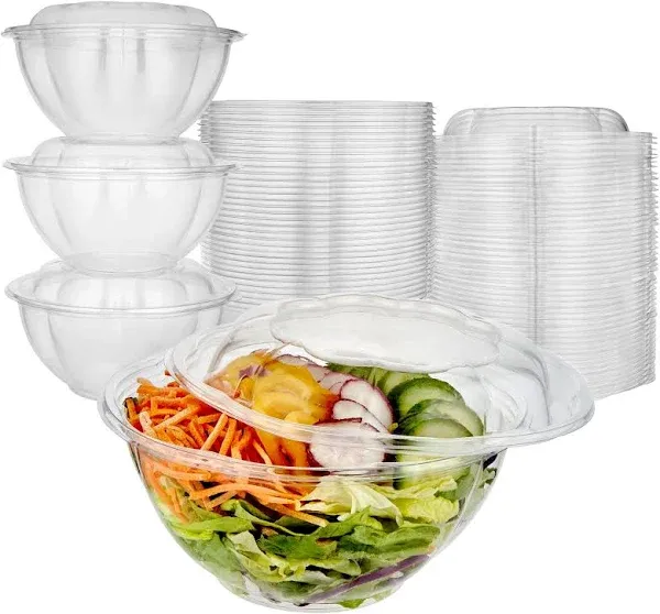 50 Pack 32oz Clear Plastic Salad Bowls with Lids Disposable Medium Takeout Container with Snap on Lid for Fruit Salads, Quinoa, Lunch and Meal Prep, Acai Bowl, To-Go Party Containers