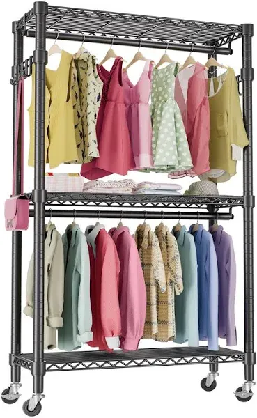 Mini Clothing Rack Heavy Duty Clothes Rack with Wheels 3 Tiers Wire Shelving Adjustable with Double Rods and Side Hooks Rolling Clothing Racks for Hanging Clothes Coat Rack Freestanding