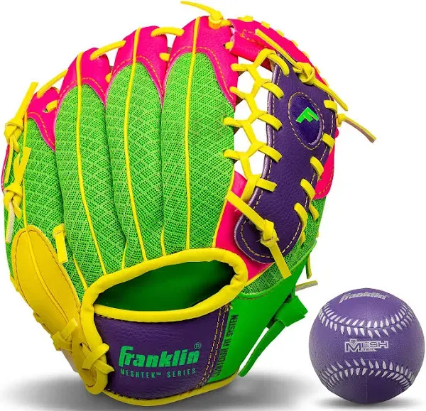 Franklin Sports Meshtek Teeball Fielding Glove with Ball - Left Hand Throw - 9.5 inch - Purple/Chrome, Size: One Size