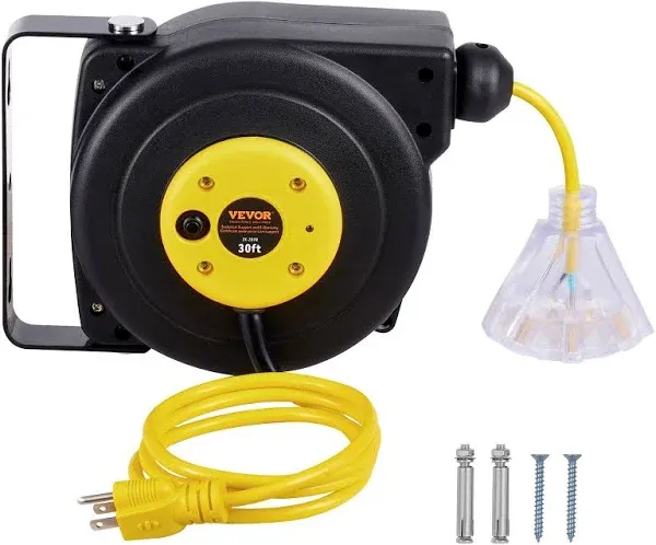 VEVOR Retractable Extension Cord Reel Power Cord Reel 30FT 16AWG/3C SJTOW