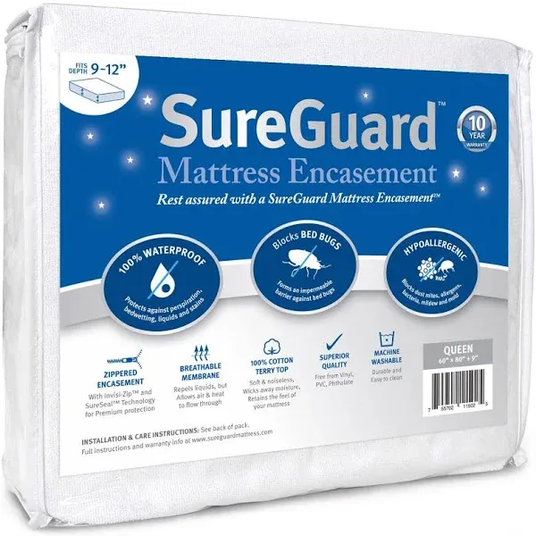 Queen (9-12 In. Deep) Sureguard Mattress Encasement - 100% Waterproof, Bed Bug