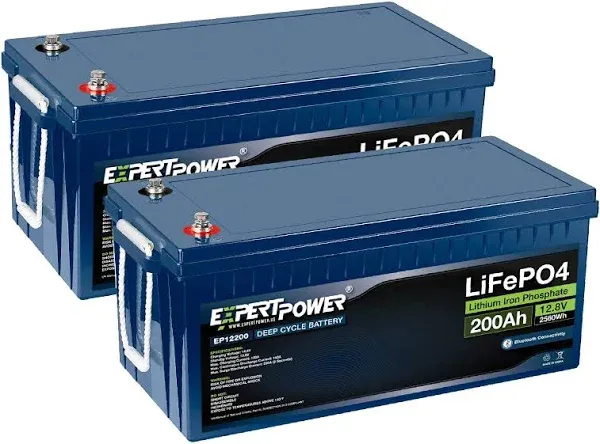 2 Pack ExpertPower 12V 200Ah Lithium LiFePO4 Deep Cycle Rechargeable Battery | Bluetooth | 2500-7000 Life Cycles & 10-Year Lifespan | Built-in BMS | RV, Van, Solar, Marine, Overland, Off-Grid