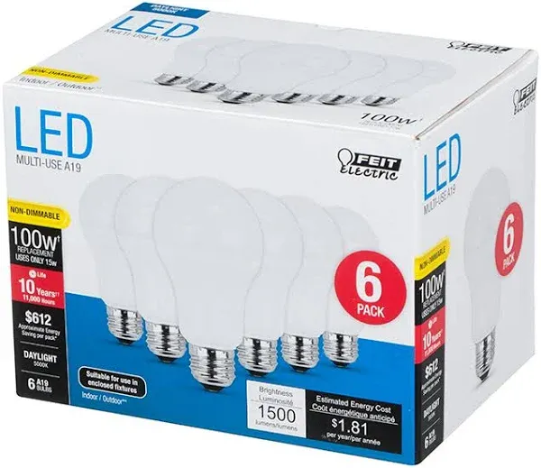 Feit Electric 6pk A19 LED Bulb Daylight 100W