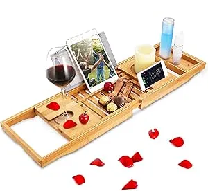 Bamboo Bathtub Caddy Shower Rack Bath Tub Tray Organizer Pad/Phone Cup Holder US