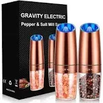 Gravity Electric Pepper and Salt Grinder Set, Adjustable Coarseness, Battery Powered with LED Light, One Hand Automatic