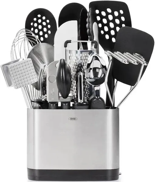 OXO Good Grips 15-Piece Everyday Kitchen Utensil Set, Silver & OXO Good Grips 8 Piece Stainless Steel Measuring Cups and Spoons Set & OXO Good Grips SimplyTear Paper Towel Holder