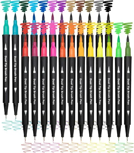 Dual Brush Marker Pens,24 Colored Markers,Fine Point and Brush Tip for Adult ...