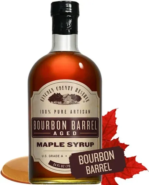 Bourbon Barrel Maple Syrup 24oz Glass Bottle, Made in USA Bourbon Barrel Aged Maple Syrup, Gluten Free All Natural Maple Syrup for Pancakes Waffles - Grade A Amber Rich Taste by Lincoln County Reserve